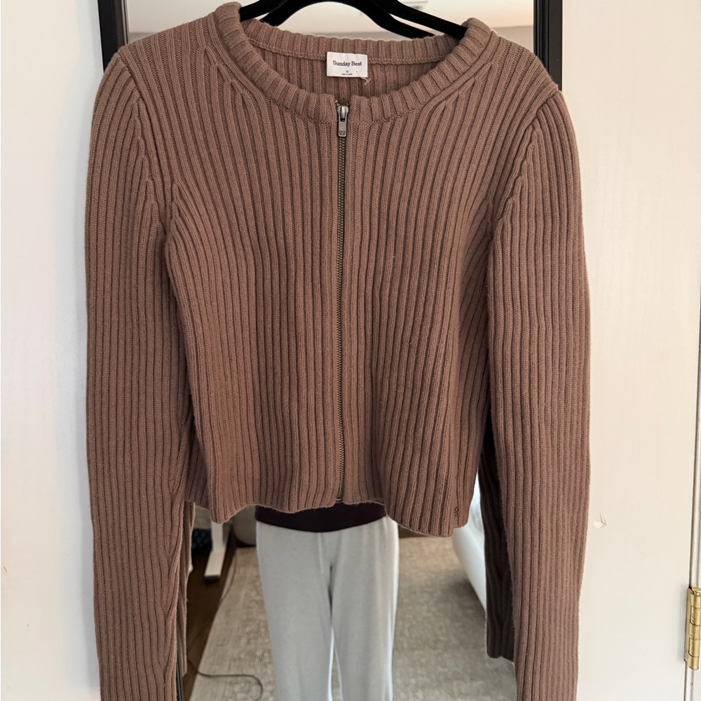 Sunday Best Ribbed Zip-Front Cardigan in Taupe